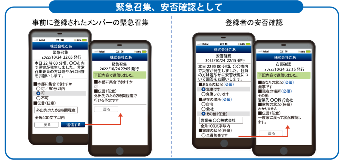 安否確認、緊急召集機能の画面