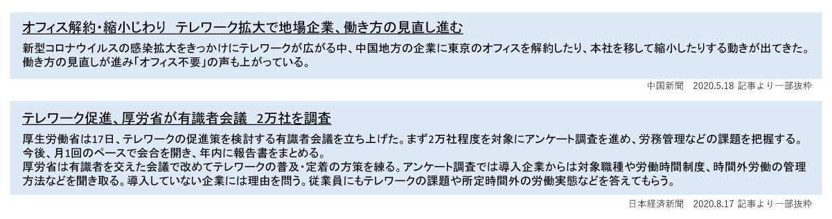 オフィスの縮小、在宅勤務・テレワークの環境整備